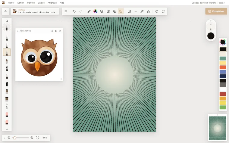 L'atelier de zkDraw : une case avec des lignes de concentration, la chouette en image de référence